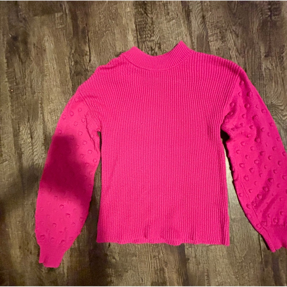 Vince Camuto Hot Pink Mock Neck Sweater Bobble Sleeve Knit Ribbed Small